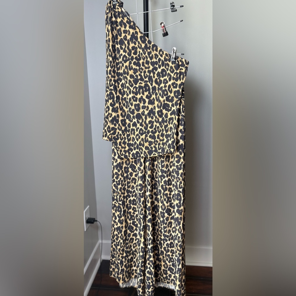 Zara Leopard Print One-Shoulder Shirt & Flowy Pants Set